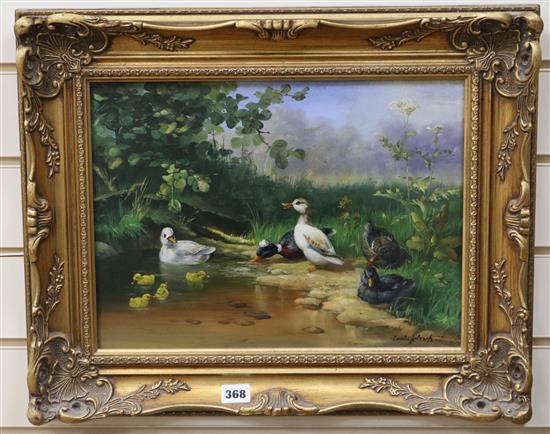 Continental School (20th century), oil on board, ducks at the bank of a stream, 29cm x 39cm